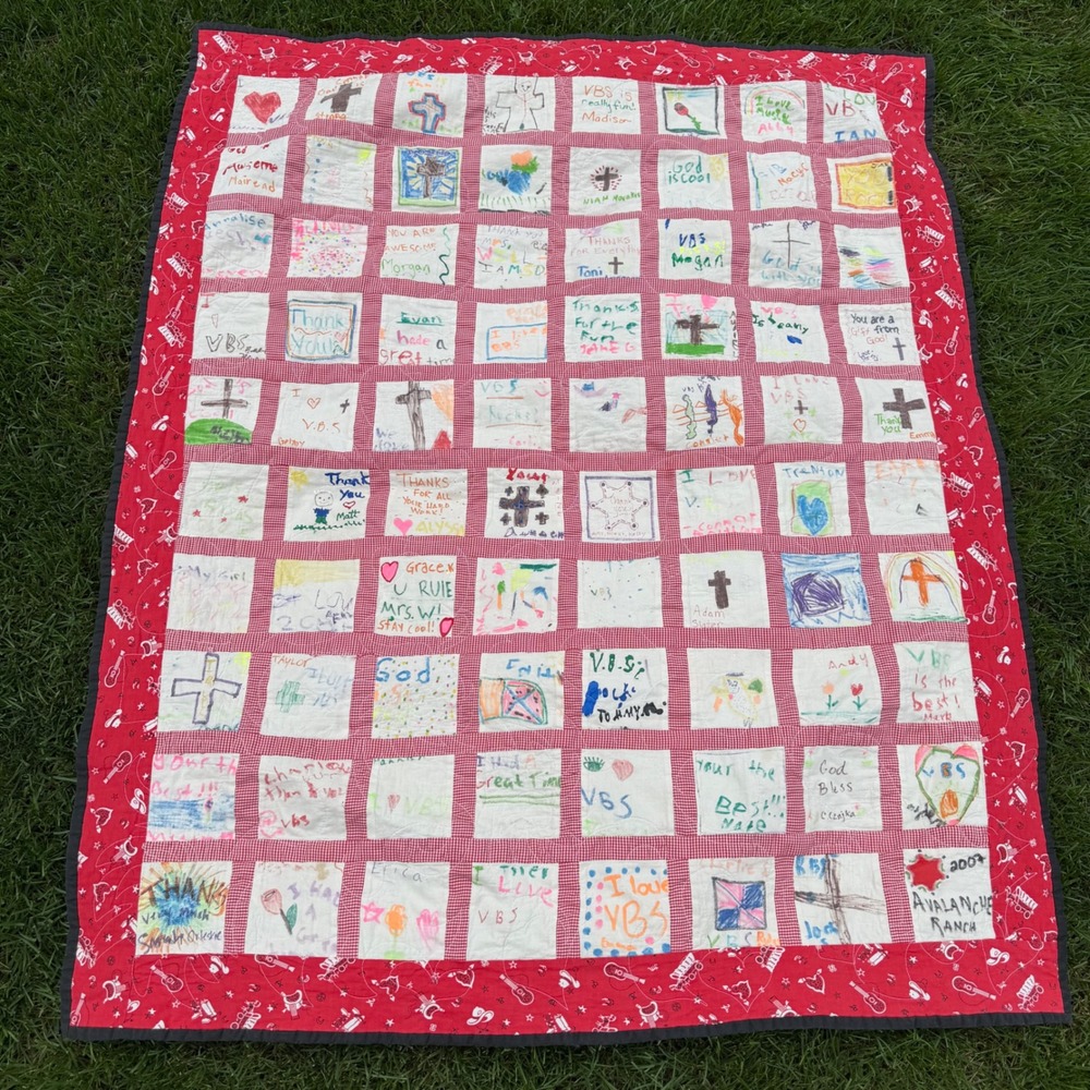 2007 VBS Avalanche Ranch Church Memory Quilt Religious Folk Art Red 40x48
